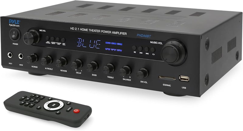 Pyle 400W Stereo Amplifier Receiver - BT Home Audio Amplifier with USB/SD Readers, FM Radio, 3.5mm Aux, Phono, Optical & Coaxial Inputs, LED Display, Mic Inputs, Built-in 2 in 1 HDMI Switch - Image 1